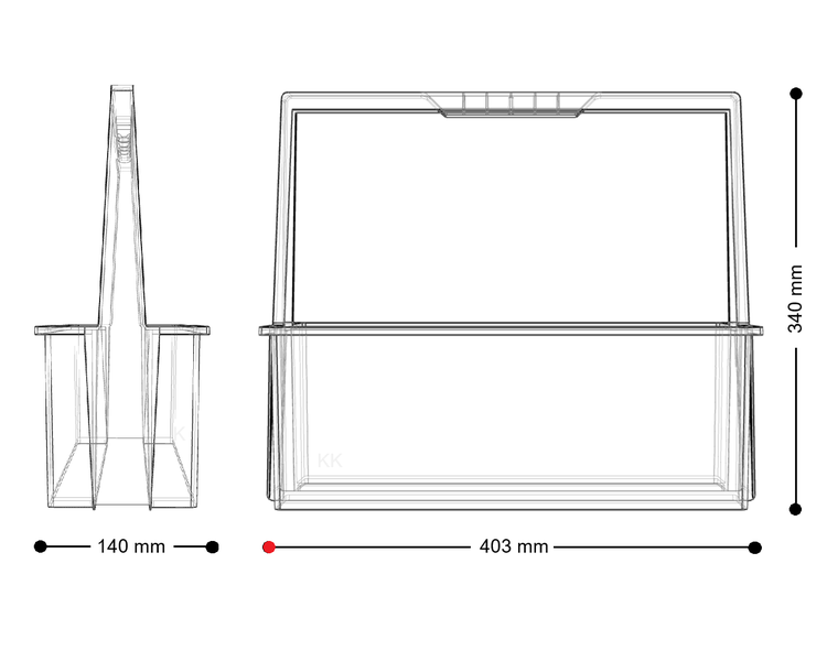 Maßzeichnung einer Werkzeugtrage: Breite 403 Millimeter, Tiefe 140 Millimeter, Höhe 340 Millimeter.