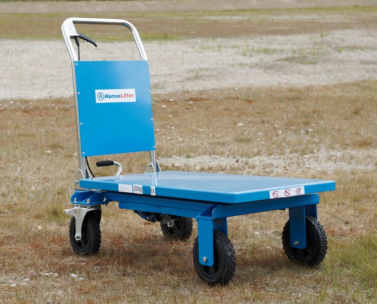 HanseLifter Plattformwagen aus Metall in Blau, Tragkraft 200 Kilogramm, mit vier Rollen und Schiebebügel.