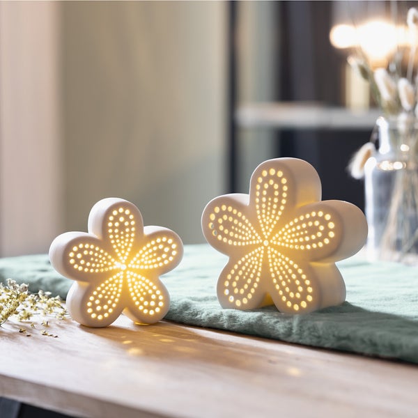 FRANK FLECHTWAREN | LED-Blume White, 2er Set, PORZELLAN, KUNSTSTOFF, 11 x 4,5 x 10,5 cm, 14 x 5,5 x 13 cm