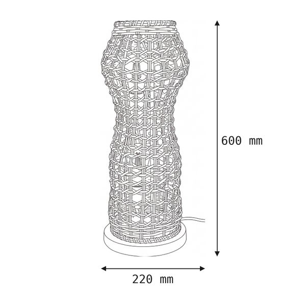 Maßskizze einer geflochtenen Lampe, Höhe 600 Millimeter, Breite 220 Millimeter.