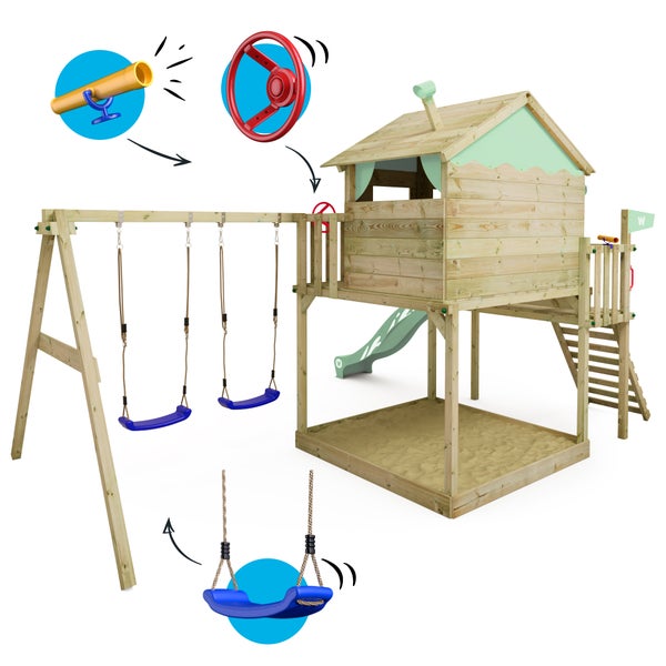 WICKEY Spielturm Klettergerüst Smart Coast mit Schaukel und Rutsche, Stelzenhaus mit Sandkasten, Kletterleiter und Spiel-Zubehör – pastellgrün