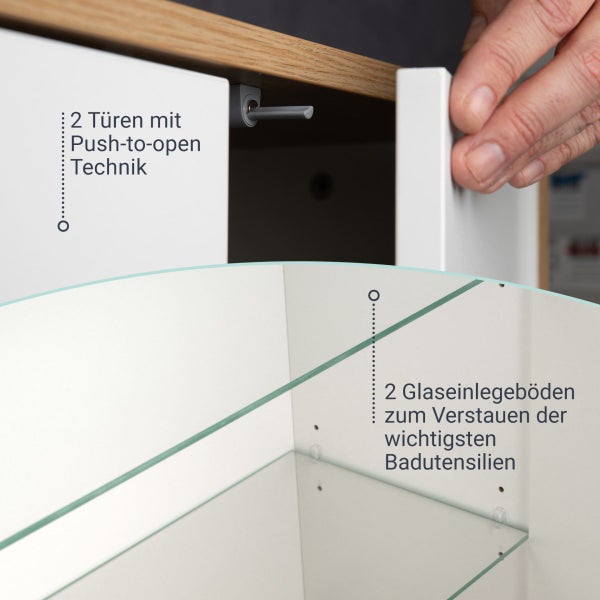 FACKELMANN FINN Badmöbel Set 2 Teile / Doppel-Midischrank mit Push-to-Open fürs Bad / 4 Holzfüße / Badschrank mit 2 Türen / Korpus & Front: Weiß / Rahmendekor & Füße: Braun hell / Breite: 60 cm