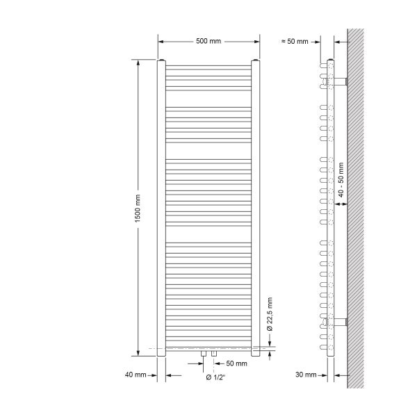 ECD Germany Badheizkörper Mittelanschluss 500 x 1500 mm Anthrazit gebogen mit Thermostat und Anschlussgarnitur Eck Wand - Heizkörper Heizung Handtuchwärmer Handtuchtrockner Handtuchheizkörper