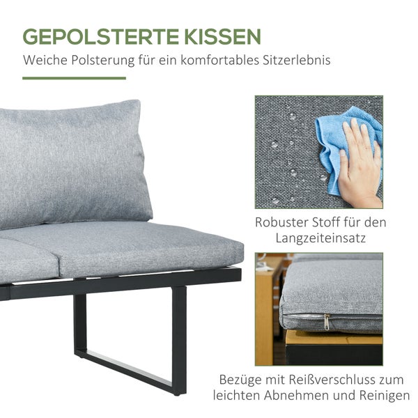 Outsunny 3-tlg. Gartenmöbel-Set, Balkonmöbel mit Sitzkissen, Gartenlounge-Set mit Doppelsofa, Ecksofa, Couchtisch, für Balkon, Terrasse, Alu, Natur+Dunkelgrau