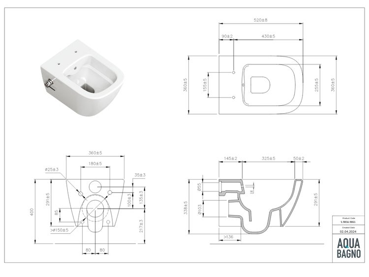 Aqua Bagno Mestola Hänge-Dusch-WC – Spülrandlos mit Taharet-Funktion & Softclose WC-Sitz – Weiß – S.9856.9861