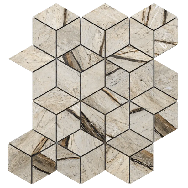 Mosaikfliese mit dreidimensionalem Würfel-Effekt, Steinoptik mit Marmorierung in Beige und Braun.