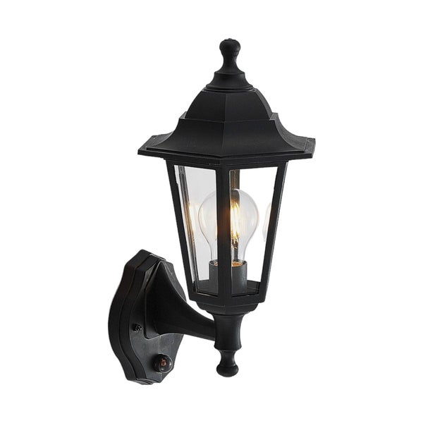Lindby Wandlampe aussen mit Bewegungsmelder, Aussenwandleuchte Laterne schwarz spritzwassergeschützt IP44 1x E27 max. 60W ohne Leuchtmittel