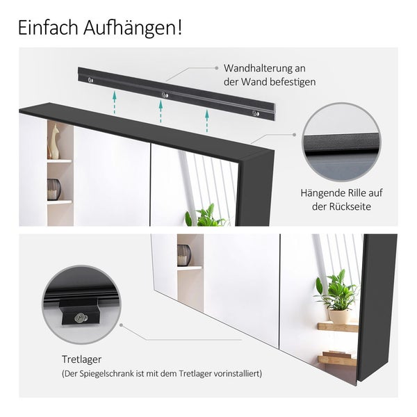 EMKE Spiegelschrank 850x145x650 mm, Grau, Rechteckig, Horizontal, 3 Innenräume, 3mm Rostfreies Spiegelglas, Mit Silent-Design Dämpfungsscharnieren, Badezimmer-Aufbewahrungsschrank, für Bad