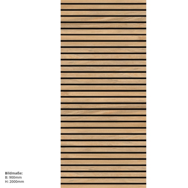 Akustikpaneel mit horizontalen Holzlamellen auf dunklem Hintergrund, Breite 900 Millimeter, Höhe 2000 Millimeter.