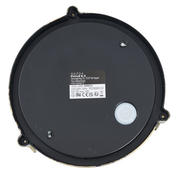 Rückansicht einer runden Wandleuchte mit QAZQA Logo, Typenschild für E27 LED bis maximal 15 Watt, Schutzart IP 44 und CE Kennzeichnung.