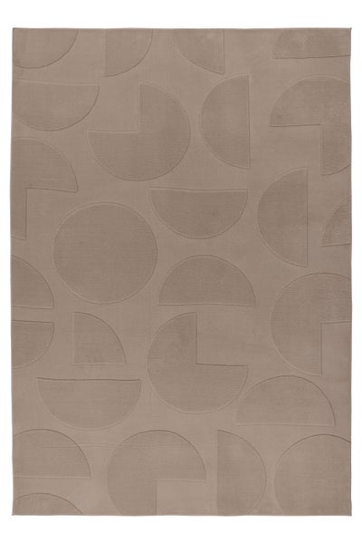 Rechteckiger Teppich mit geometrischem Reliefmuster aus Halbkreisen und Kreisen.