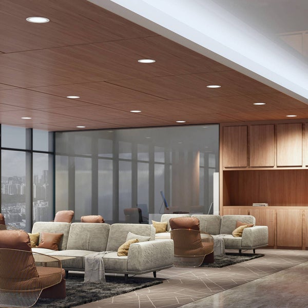 Moderne Bürolounge mit Holzdecke und runden LED-Einbaustrahlern, grauen Stoffsofas und großen Fenstern mit Stadtblick.