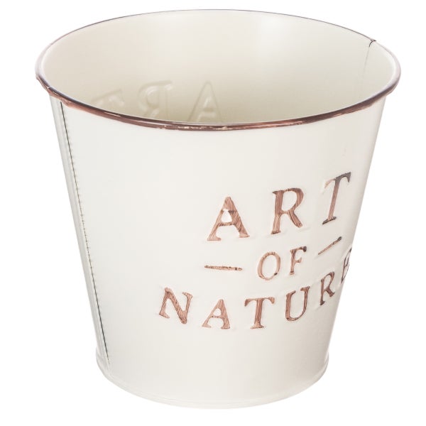 Cremefarbener Übertopf aus Metall mit kupferfarbener Prägung Art of Nature, konische Form.