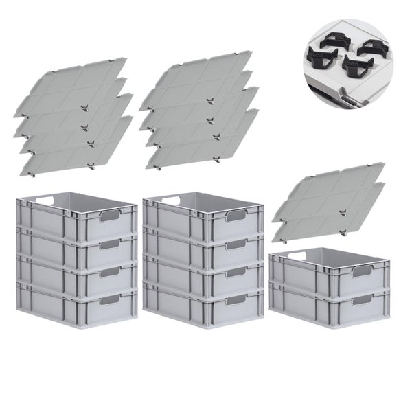 PROREGAL Spar Set 10x Eurobox Nextgen Economy Mit Auflagedeckel & 4x Schiebeschnappverschlüsse Schwarz Griffe Offen HxBxT 17 x 40 x 60 cm 34 Liter