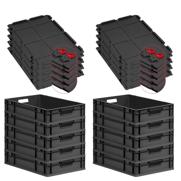 PROREGAL SuperSparSet 10x Eurobox NextGen Grip mit Scharnierdeckel und roten Schiebeschnappverschlüssen, HxBxT 12x40x60cm, 23 Liter, Schwarz, Griffe offen, Eurobehälter, Transportbox, Transportbehälter, Stapelbehälter