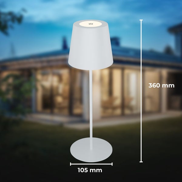 LED-Außentischleuchte in Weiß, Höhe 360 Millimeter, Basisdurchmesser 105 Millimeter, mit Touch-Schalter auf der Oberseite.