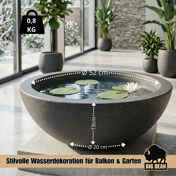 Runde Wasserschale fuer Balkon und Garten mit fuenfundfuenfzig Zentimeter Durchmesser und neunzehn Zentimeter Hoehe von Big Dean.