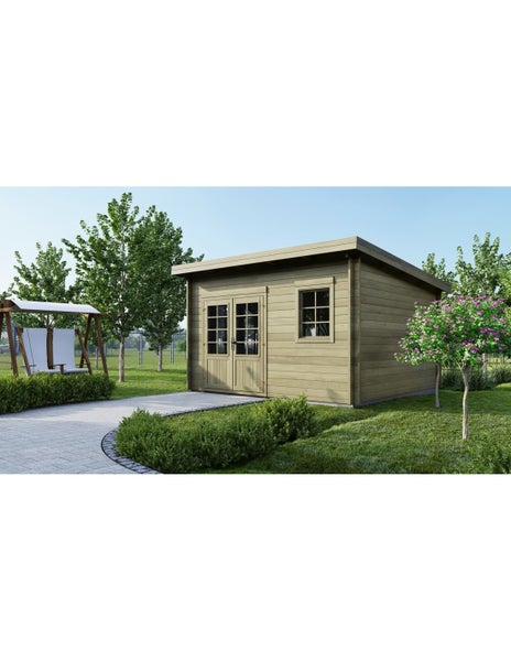 Modernes Gartenhaus aus Holz mit Pultdach, Doppelflügeltür mit Fenstern und Seitenfenster in einem gepflegten Garten.