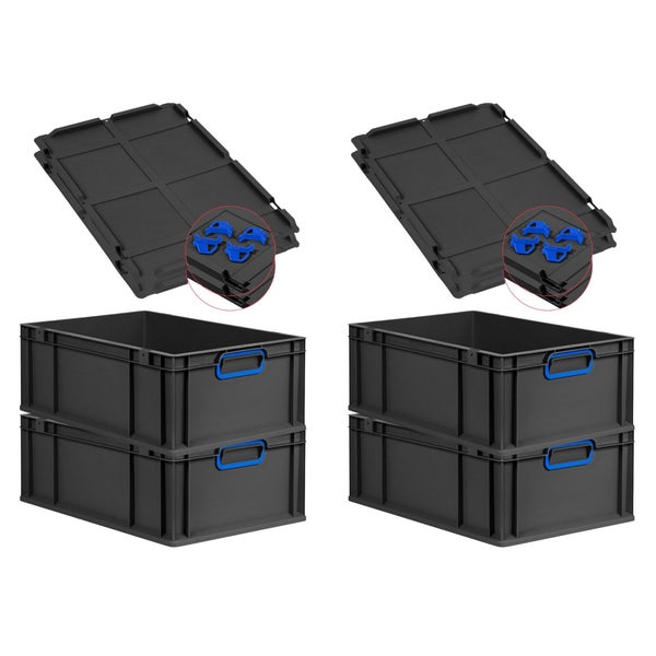 PROREGAL SuperSparSet 4x Eurobox NextGen Color mit Auflagedeckel und Schiebeschnappverschlüsse, HxBxT 22x40x60cm, 44 Liter, Schwarz, Griffe blau geschlossen, Verstärkter Boden, Eurobehälter, Transportbox, Transportbehälter, Stapelbehälter
