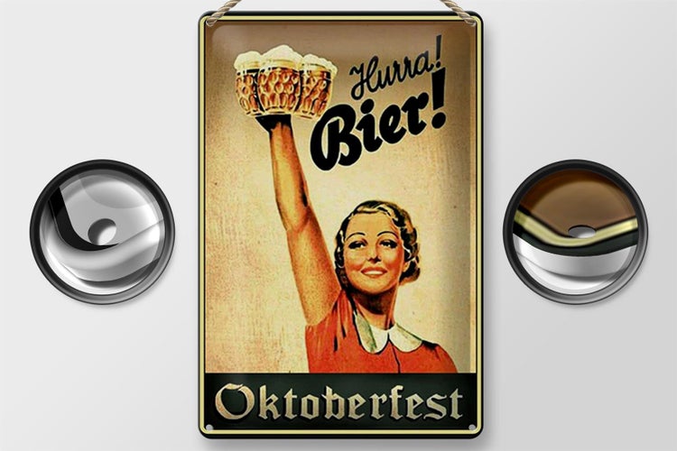 Blechschild Spruch 20x30cm Oktoberfest Hurra Frau mit Bier