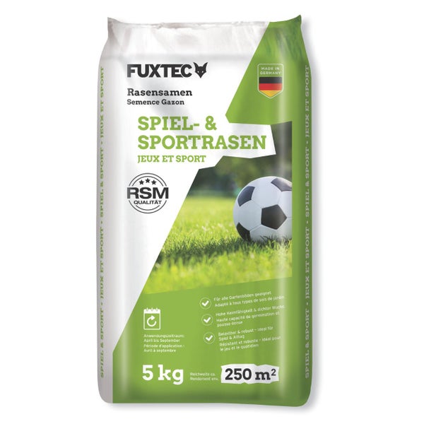 FUXTEC Spiel und Sportrasen, 5 kg, geeignet für alle Gartenböden, Anwendungszeitraum April bis September