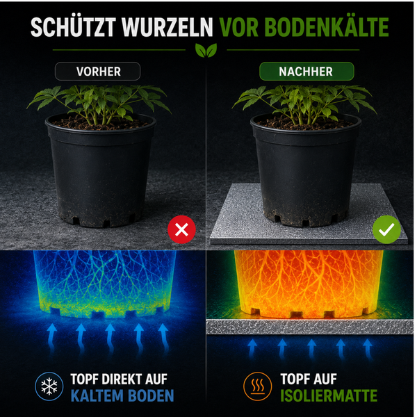 Vergleichsbild zeigt den Schutz von Pflanzenwurzeln vor Bodenkälte durch eine Isolierunterlage unter dem Blumentopf.