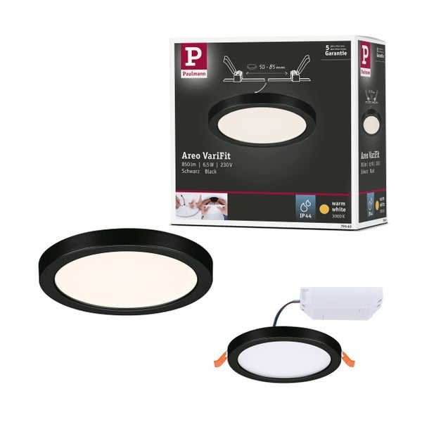 Technische Darstellung und Installationshinweise für Paulmann LED Einbauleuchte mit Schutzart IP44, inklusive Maßen und Garantieinformationen.