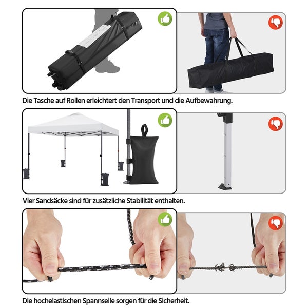 Abbildung zeigt eine Tragetasche mit Rollen, Sandsäcke zur Stabilisierung und hochelastische Spannseile für ein Faltzelt.