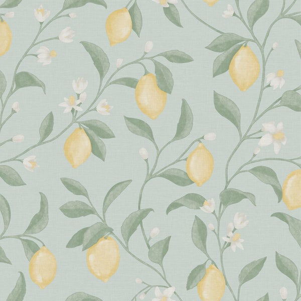 Tapete mit Zitronen-, Blüten- und Blattmotiven.