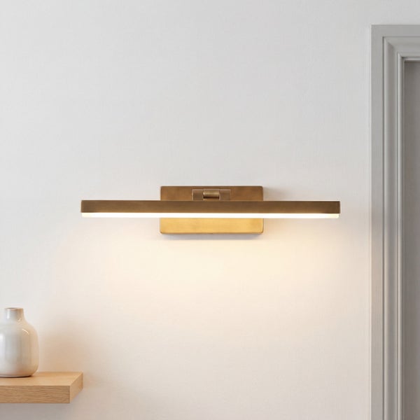 Moderne LED Bilderleuchte in Metallausführung mit Wandmontageplatte und schwenkbarem Leuchtenarm zur gezielten Ausleuchtung von Bildern.