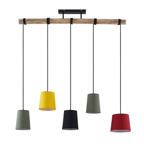 Hängelampe mit Holz und bunten Lampenschirmen