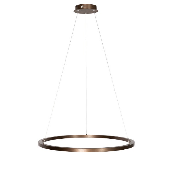 Kreisförmige Hängeleuchte mit filigranen Aufhängungsseilen.