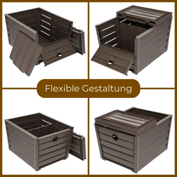 Modularer brauner Kunststoffkomposter in vier Ansichten zur Veranschaulichung der flexiblen Gestaltungsmöglichkeiten.