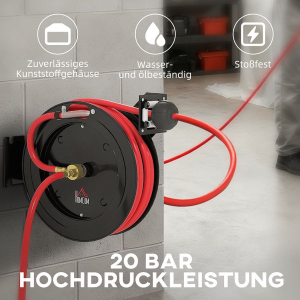 Homcom Druckluft-Schlauchtrommel mit rotem Schlauch an grauer Wand, 20 Bar Hochdruckleistung, Kunststoffgehäuse, wasser-, öl- und stoßfest.