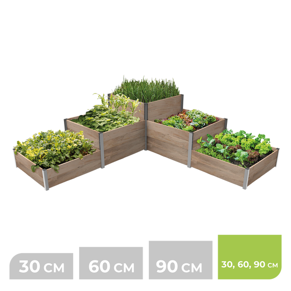 Modulares Hochbeet-System aus Holz in Höhen von 30 Zentimeter, 60 Zentimeter und 90 Zentimeter, stufenförmig angeordnet mit verschiedenen Pflanzen.