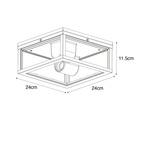 Skizze einer quadratischen Deckenleuchte mit Maßen: Breite 24 Zentimeter, Tiefe 24 Zentimeter, Höhe 11,5 Zentimeter.