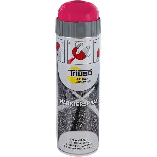 Triuso Markierspray in der Sprühdose mit pinker Kappe und Sicherheitsverschluss für professionelle Kennzeichnungen.