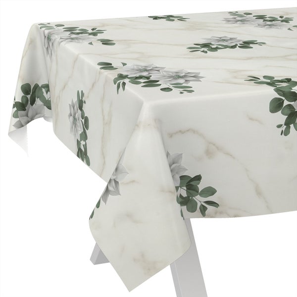 Tischdecke in Marmor-Optik mit Blumenmuster und Blättern, abwischbar.