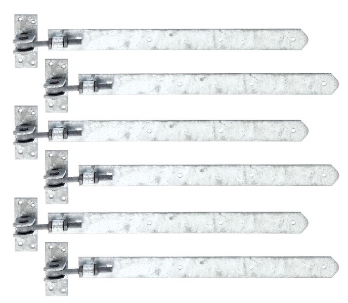 Set mit sechs verstellbaren Ladenbändern aus verzinktem Stahl für Tore und Fensterläden.