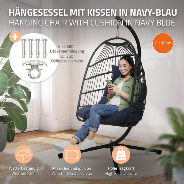 ECD Germany Hängesessel mit Gestell und Kissen + Deckenhalterung, Navyblau, Rattan-Optik, Stahl, höhenverstellbar & faltbar, Indoor/Outdoor, Hängestuhl Hängekorb Hängeschaukel Hängesitz, für Garten