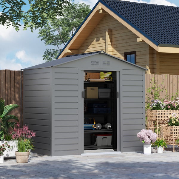 Outsunny Verzinkter Stahl Gerätehaus 2,43㎡ 213x131x192cm Einfach Montage Geräteschuppen mit Satteldach, Abschließbarer Schiebetür, wetterfest Gartenhaus, Outdoor Garten Schuppen für Außenbereich, Grau