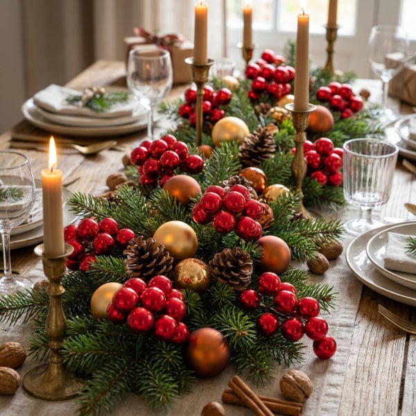 Festliche Weihnachtsdekoration auf einem Esstisch mit Tannenzweigen, Weihnachtskugeln, Beeren, Tannenzapfen, Kerzen und Nüssen.