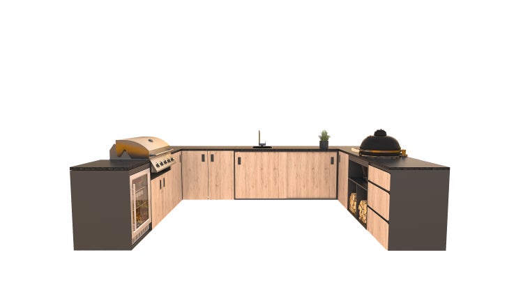 Outdoor-Küche mit Grill, Spüle, Kühlschrank und Stauraum für den Gartenbereich.