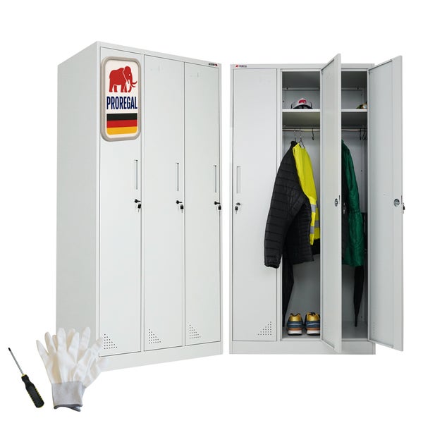 Proregal Logo. Metall-Garderobenschrank mit drei Abteilen, abschließbar, inklusive Innenansicht. Symbol für Qualität aus Deutschland.