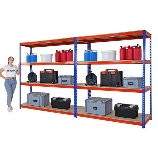 PROREGAL Mega Deal 2x Profi Schwerlastregal Bison HxBxT 200 x 180 x 60 cm 4 Fachböden Fachlast 600 kg Blau-Orange