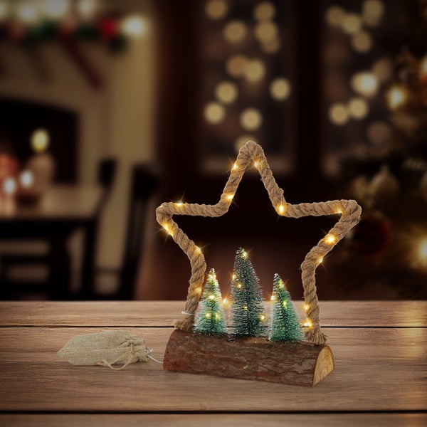Weihnachtsdekoration Stern aus Seil mit LED Lichterkette und kleinen Tannenbäumen auf Holzsockel auf einem Holztisch.