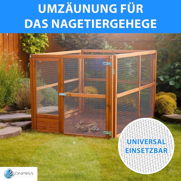 Holzumzäunung mit Drahtgeflecht für Nagetiergehege im Garten, Tür mit Riegel, universell einsetzbar, Onpira Logo.