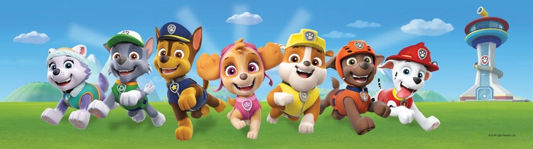 Illustration der Paw Patrol Charaktere mit dem Paw Patrol Tower im Hintergrund
