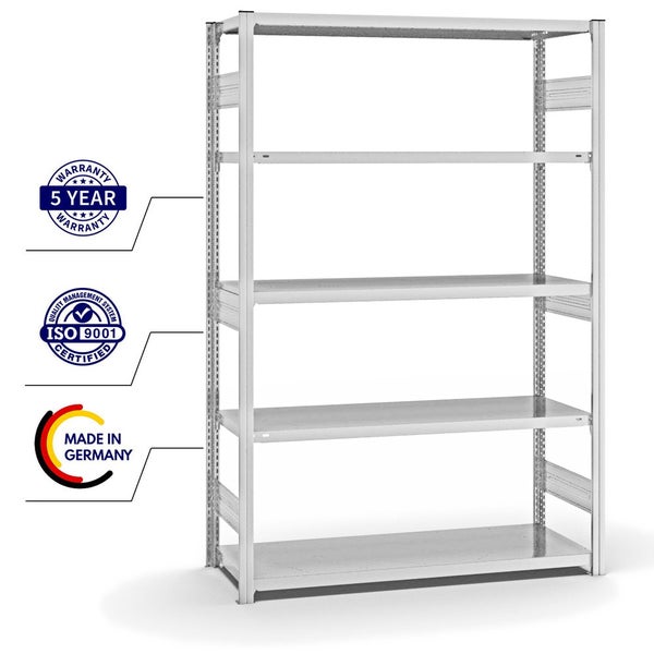 PROREGAL Fachbodenregal Stecksystem T-Profil Heavy-Duty Grundregal HxBxT 200 x 130 x 50 cm 5 Ebenen Fachlast 330 kg Beidseitig Nutzbar Lichtgrau