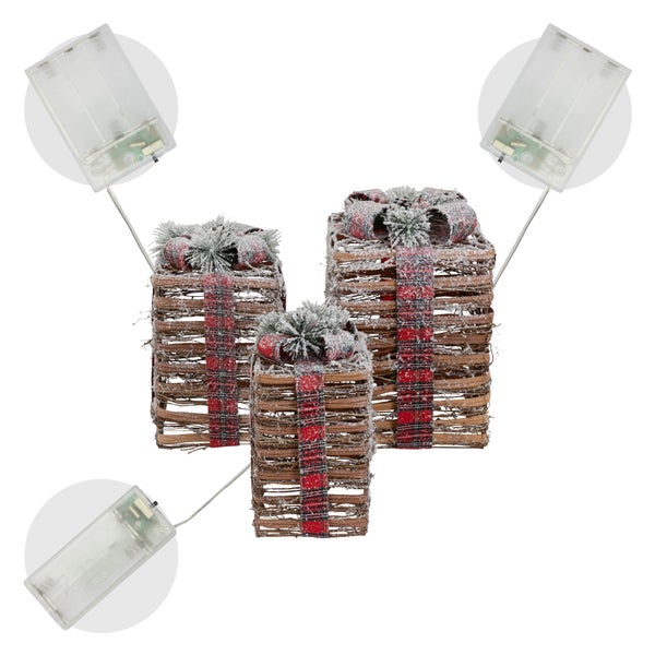 ECD Germany 3er Set LED Geschenkboxen, Braun, Rattan geschneit, batteriebetrieben mit Timer, Weihnachtsdeko Weihnachten Geschenk Beleuchtet Weihnachtsbaum Dekoration Weihnachtsgeschenkbox Leuchtkästen